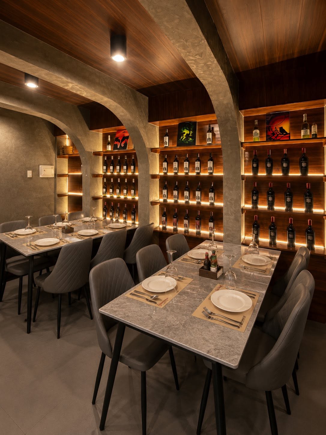 Dining room with illuminated wine displays