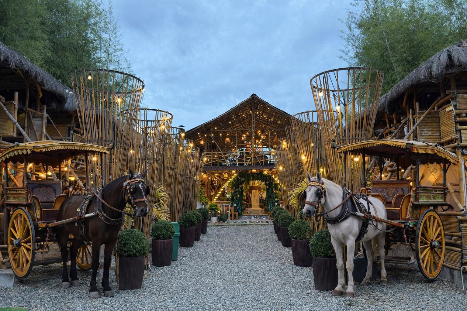 Horse-and-carriage displays beside the garden walkway at D’ Garden at Calatao