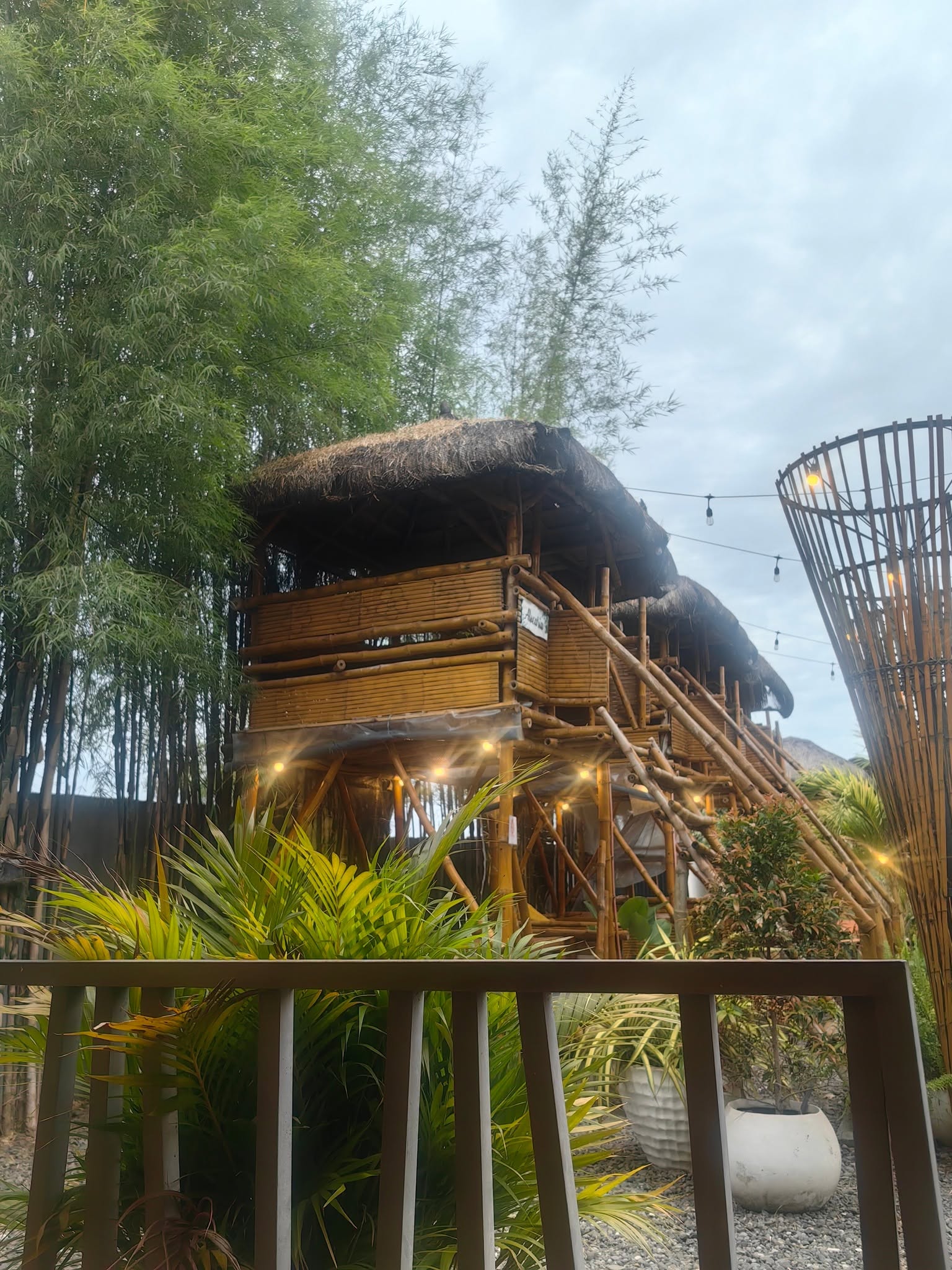Raised bamboo seating structures beside tall bamboo at D’ Garden at Calatao