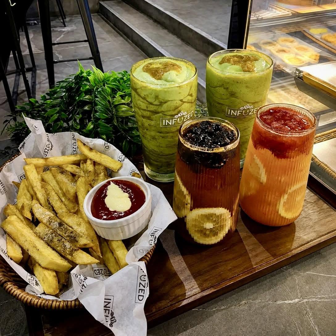 Matcha and fruit drinks with fries at Infuzed Cafe Blends
