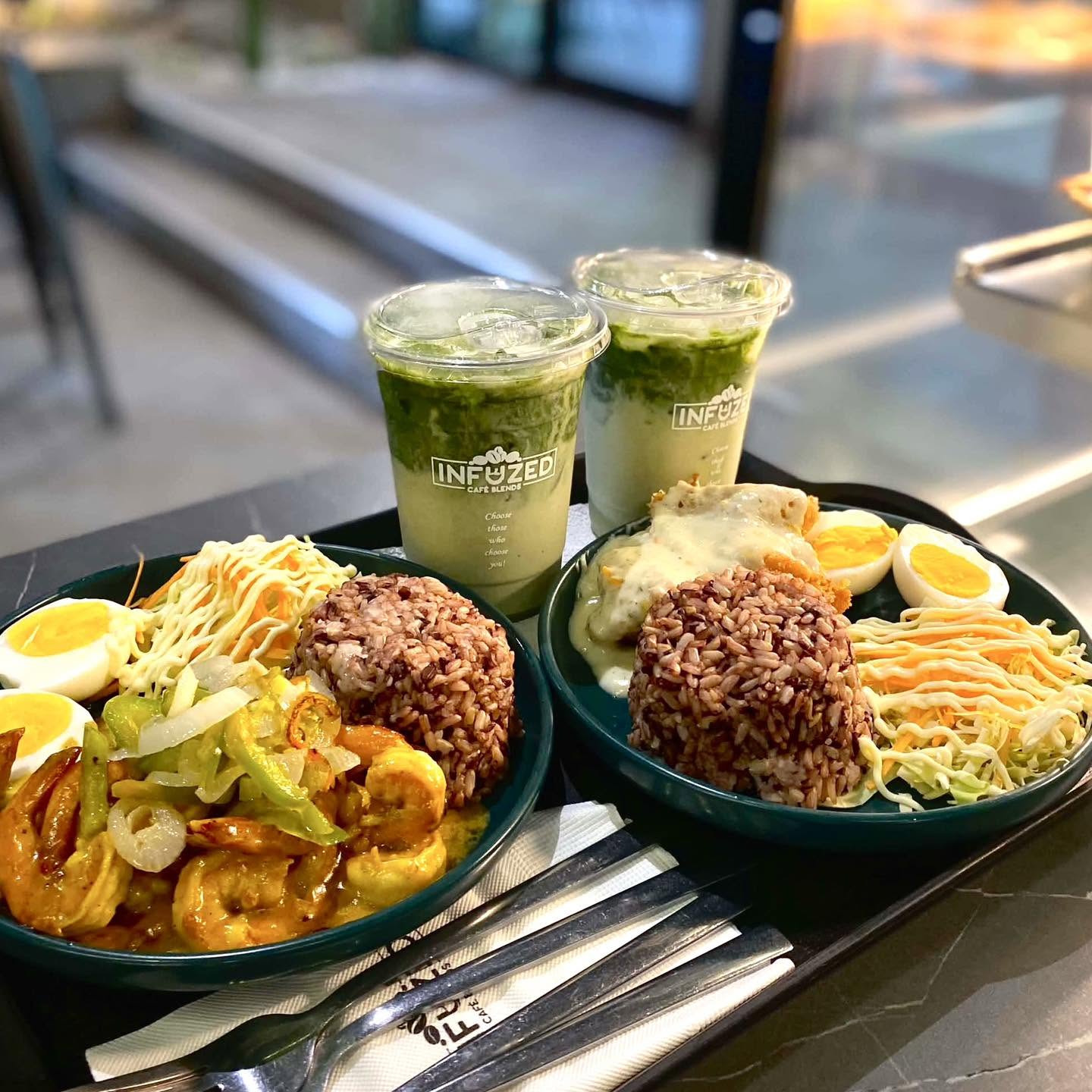 Rice meals with eggs and matcha drinks at Infuzed Cafe Blends