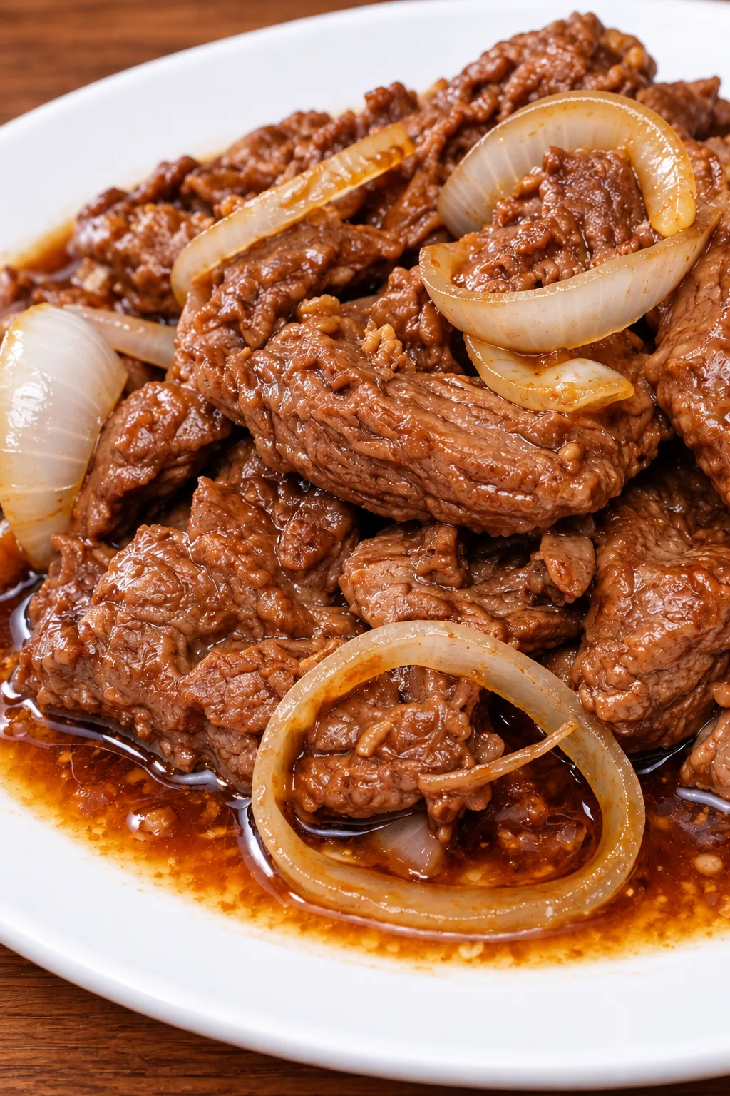 Beef slices with onion rings in sauce
