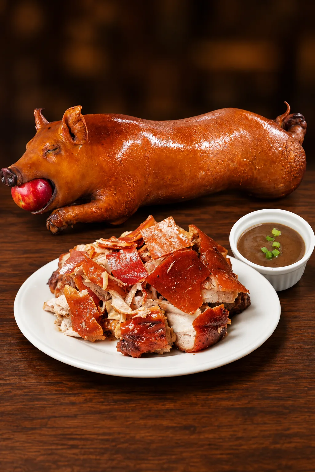 Whole lechon and sliced roast pork with dipping sauce