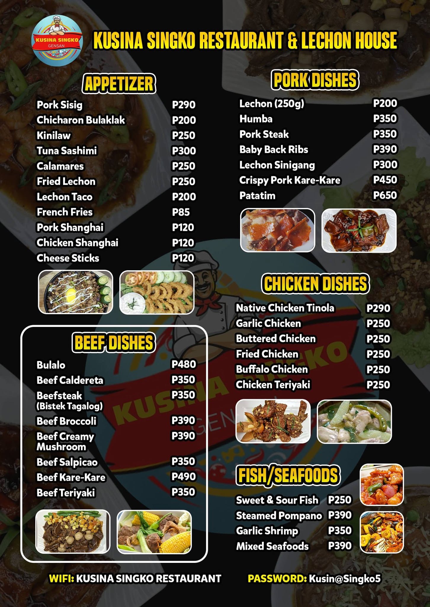 Kusina Singko menu: Appetizers, Pork, Beef, Chicken & Seafood