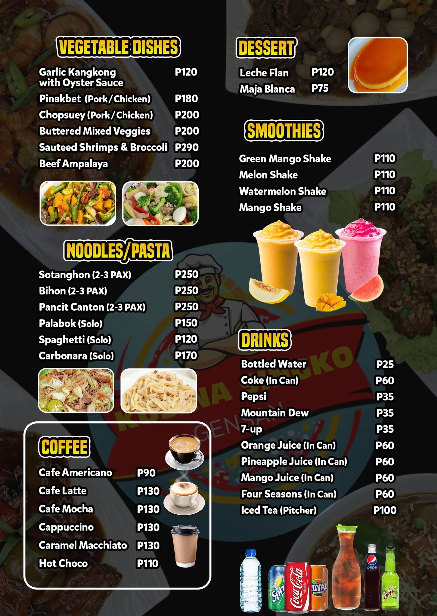 Kusina Singko menu: Vegetables, Noodles, Desserts & Drinks