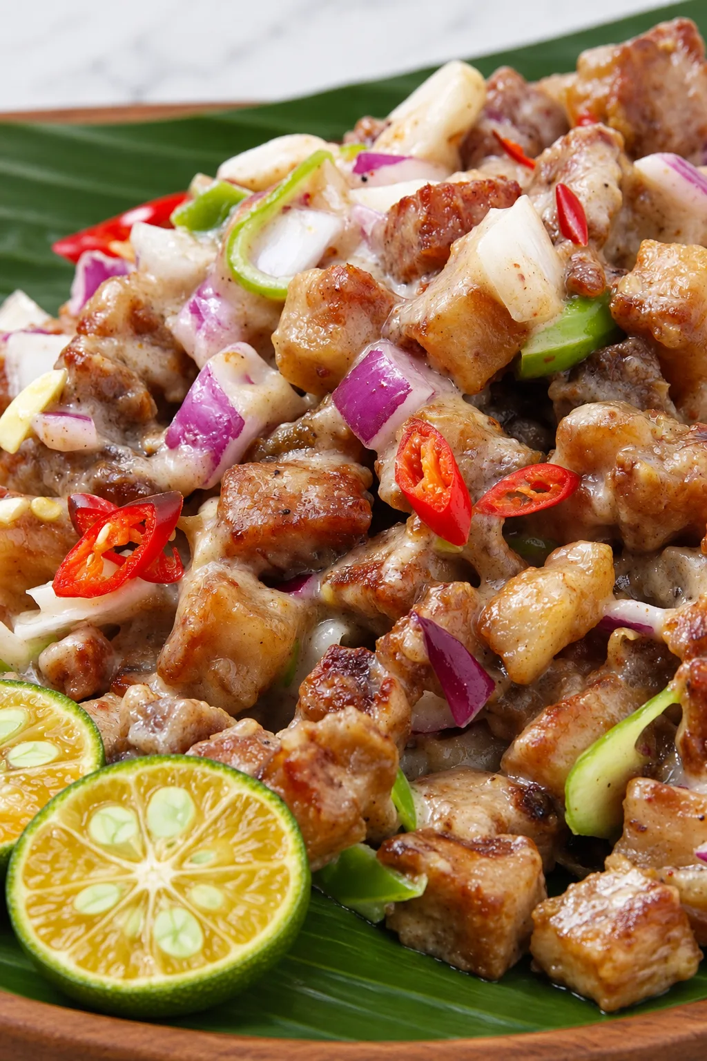 Pork pieces with onions, chilies and calamansi