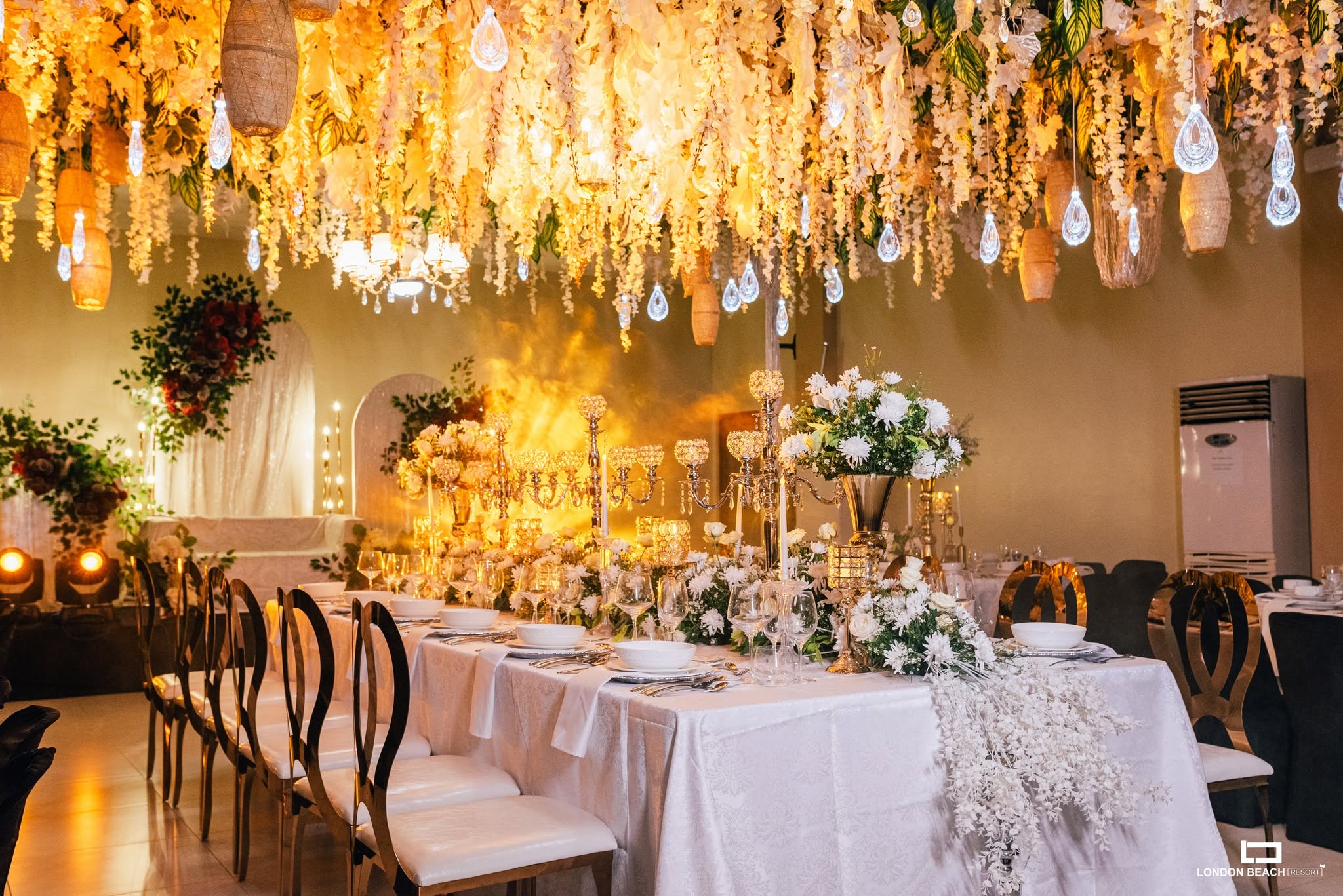 Banquet tables decorated for a celebration at London Beach Resort