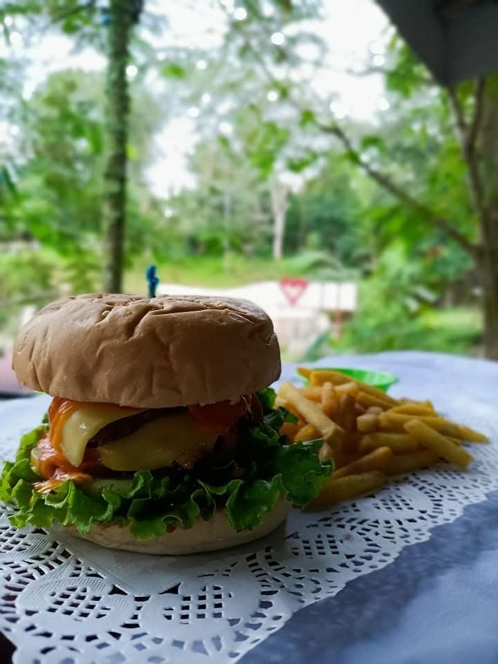 Burger and fries served in the garden dining area