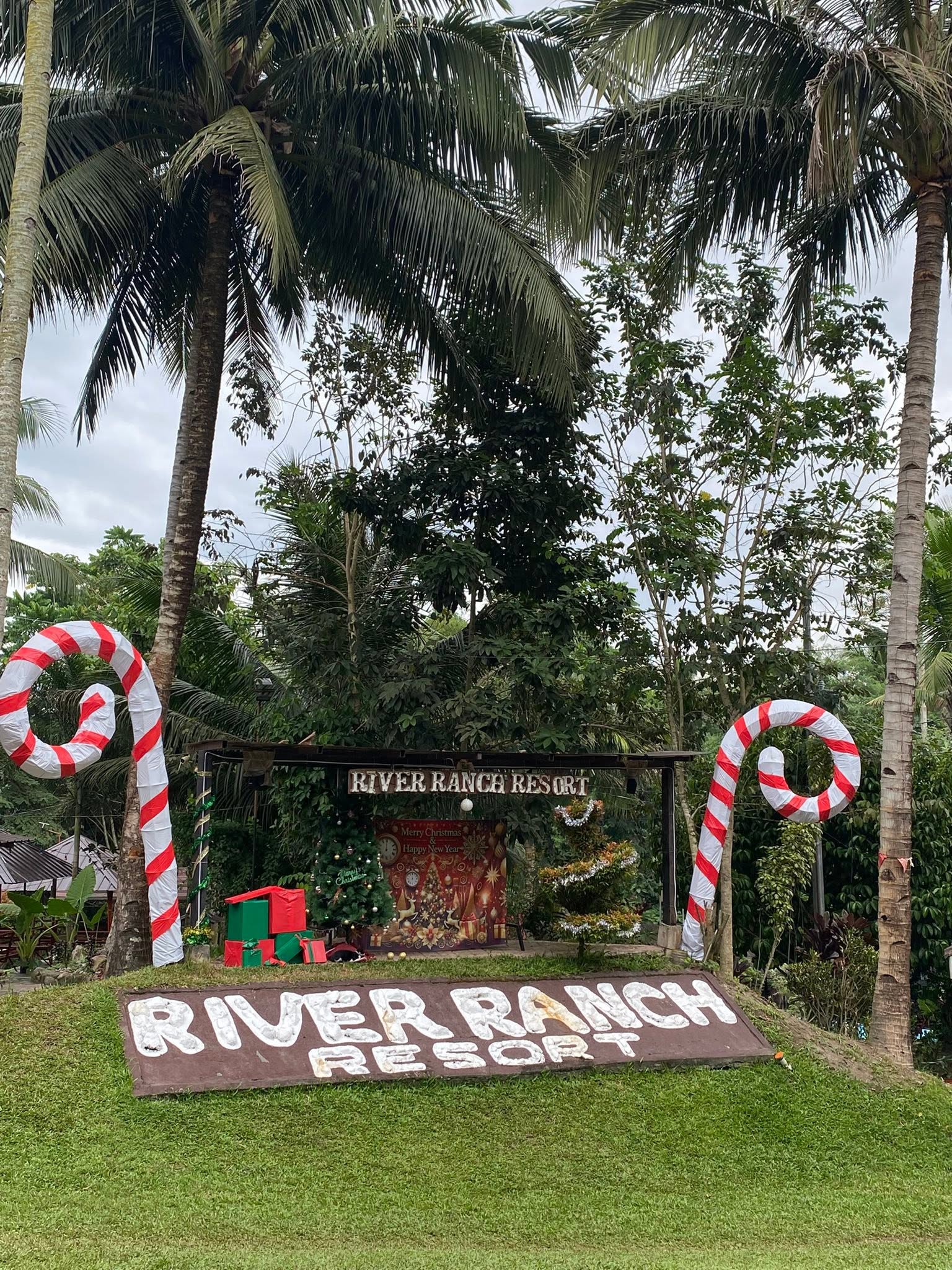 River Ranch Resort sign with Christmas decorations beneath palms