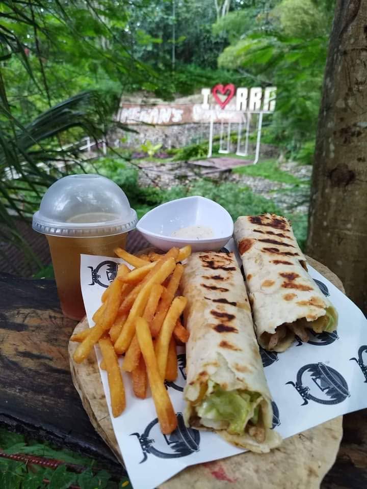 Grilled wraps, fries, and a drink overlooking the gardens