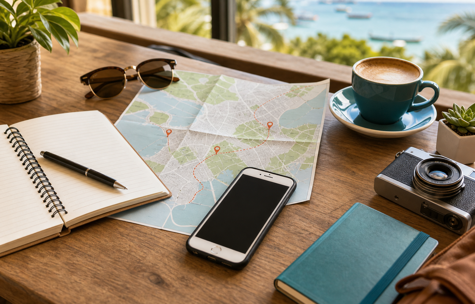 Travel planning table with map, phone, notebook, and coastal view