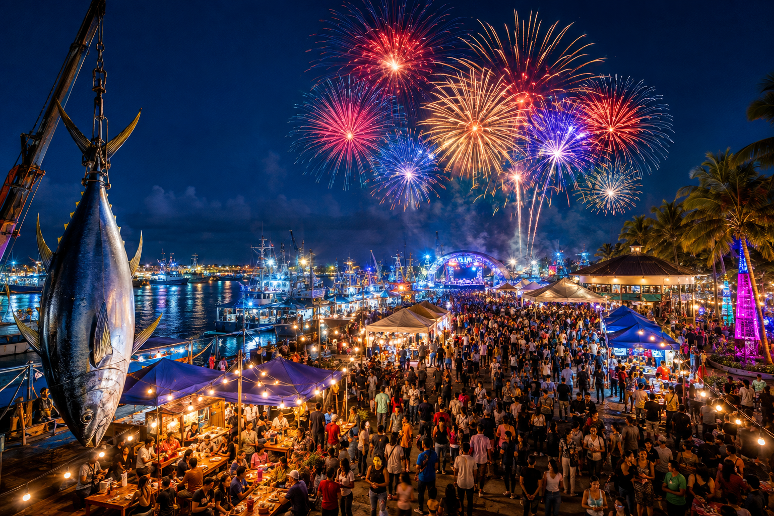 Tuna Festival night celebration with fireworks, boats, and a giant tuna display in General Santos City